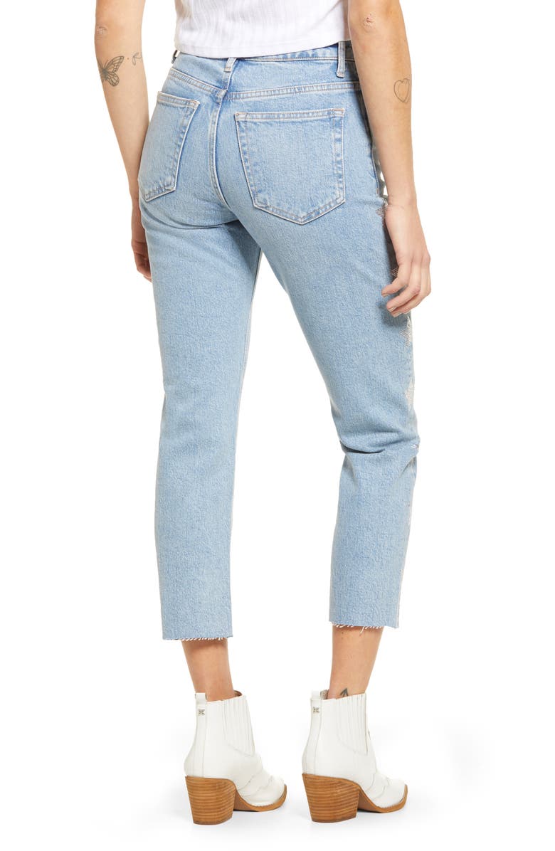 Topshop Bleach Diamante Star Straight Leg Jeans, Alternate, color, 