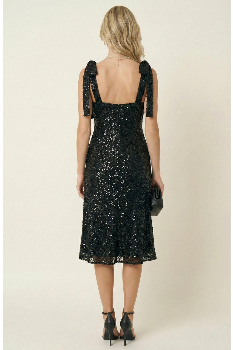 Sequin Midi Dress with Tie Straps and Square Neckline, Alternate, color, Black Sequin