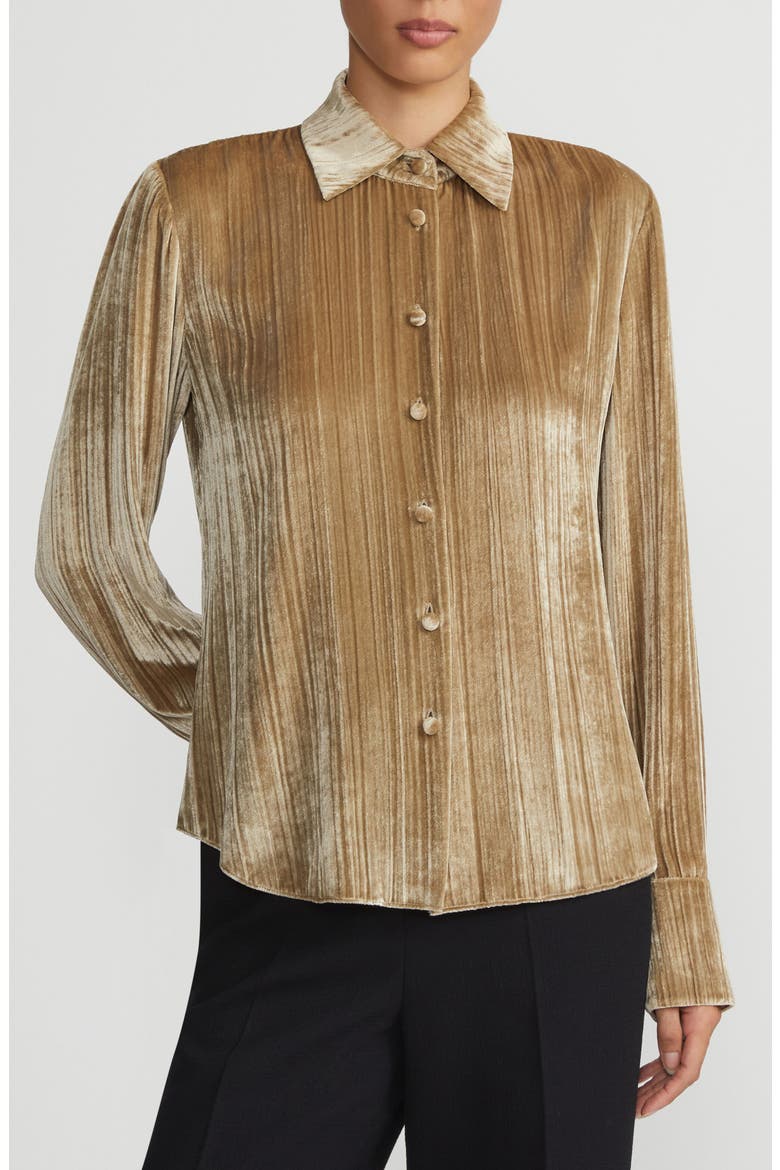 Plissé Velvet Button-Up Shirt, Main, color, NATURAL