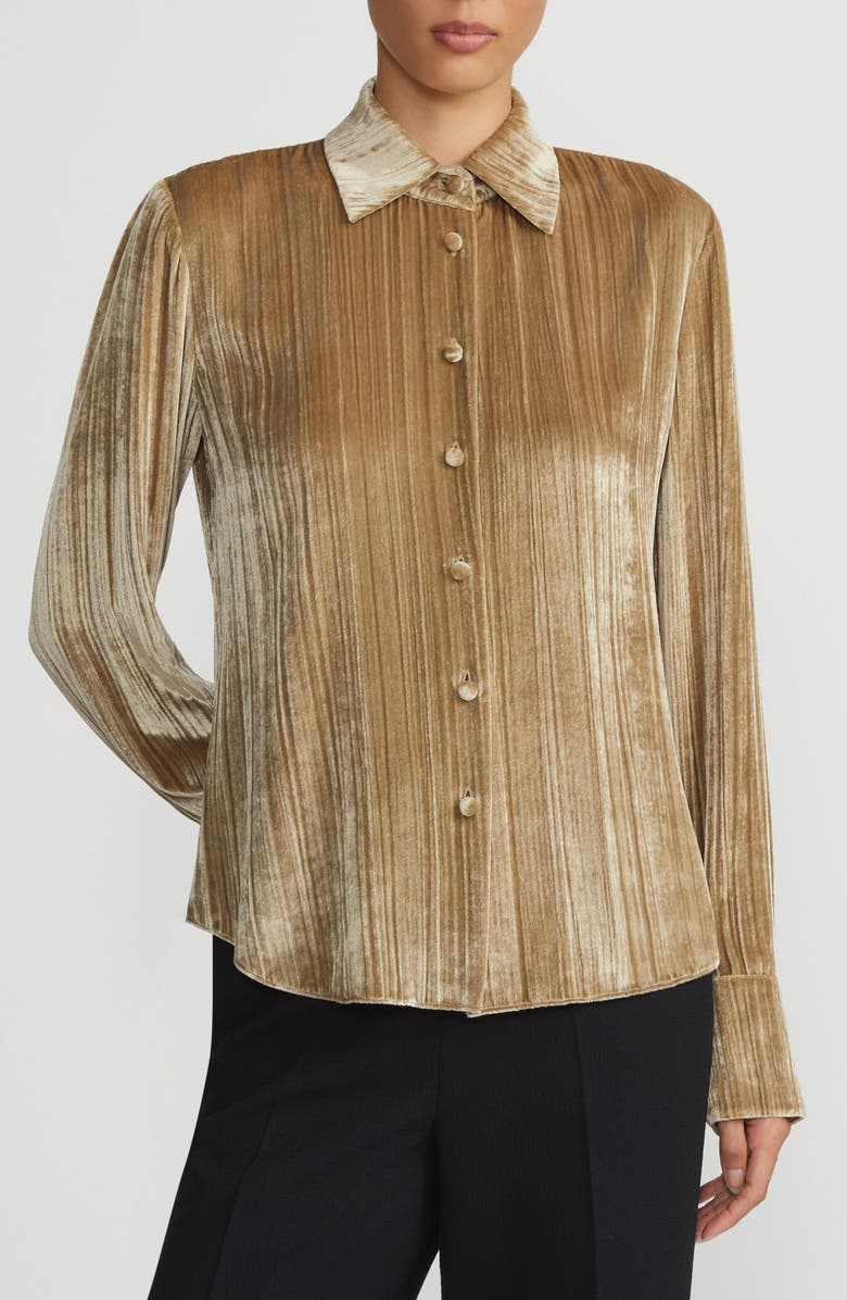 Lafayette 148 New York Plissé Velvet Button-Up Shirt, Main, color,
