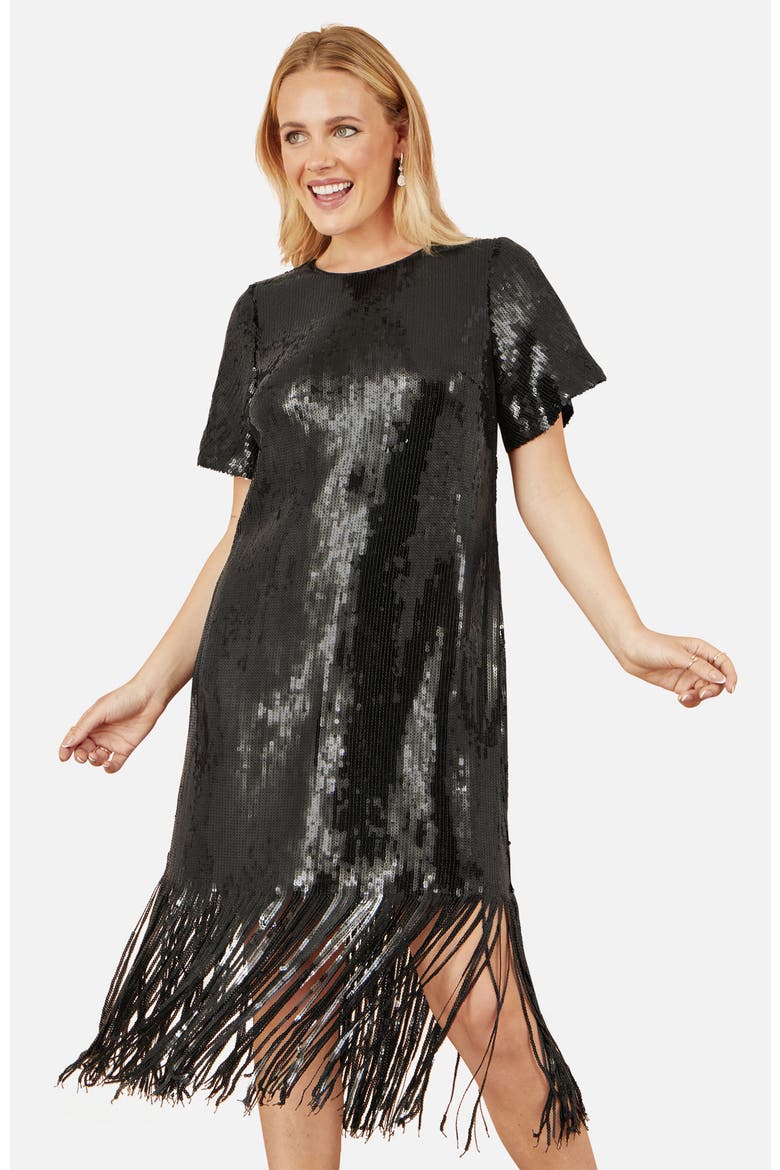 Sequin Tassels Hem Midi Tunic Dress, Alternate, color, Black