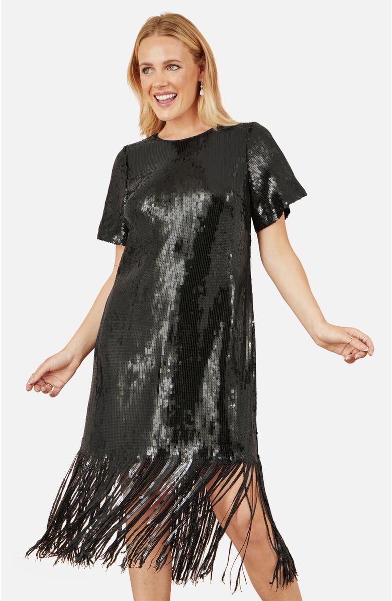 Yumi Sequin Tassels Hem Midi Tunic Dress, Alternate, color, Black