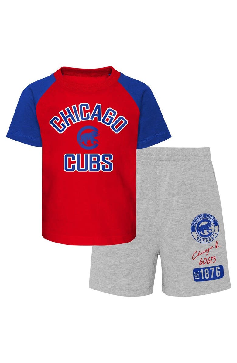 Outerstuff Toddler Red/Heather Gray Chicago Cubs Two-Piece Groundout Baller Raglan T-Shirt & Shorts Set, Main, color, 