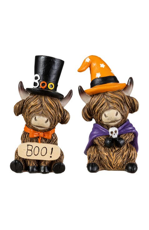 Set of 2 Halloween Resin Skull or Highland Cow Table Decor