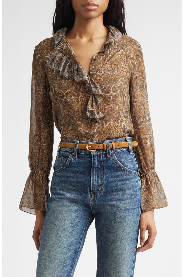 Cecily Paisley Ruffle Trim Button-Up Silk Top, Main, color, KHAKI PAISLEY