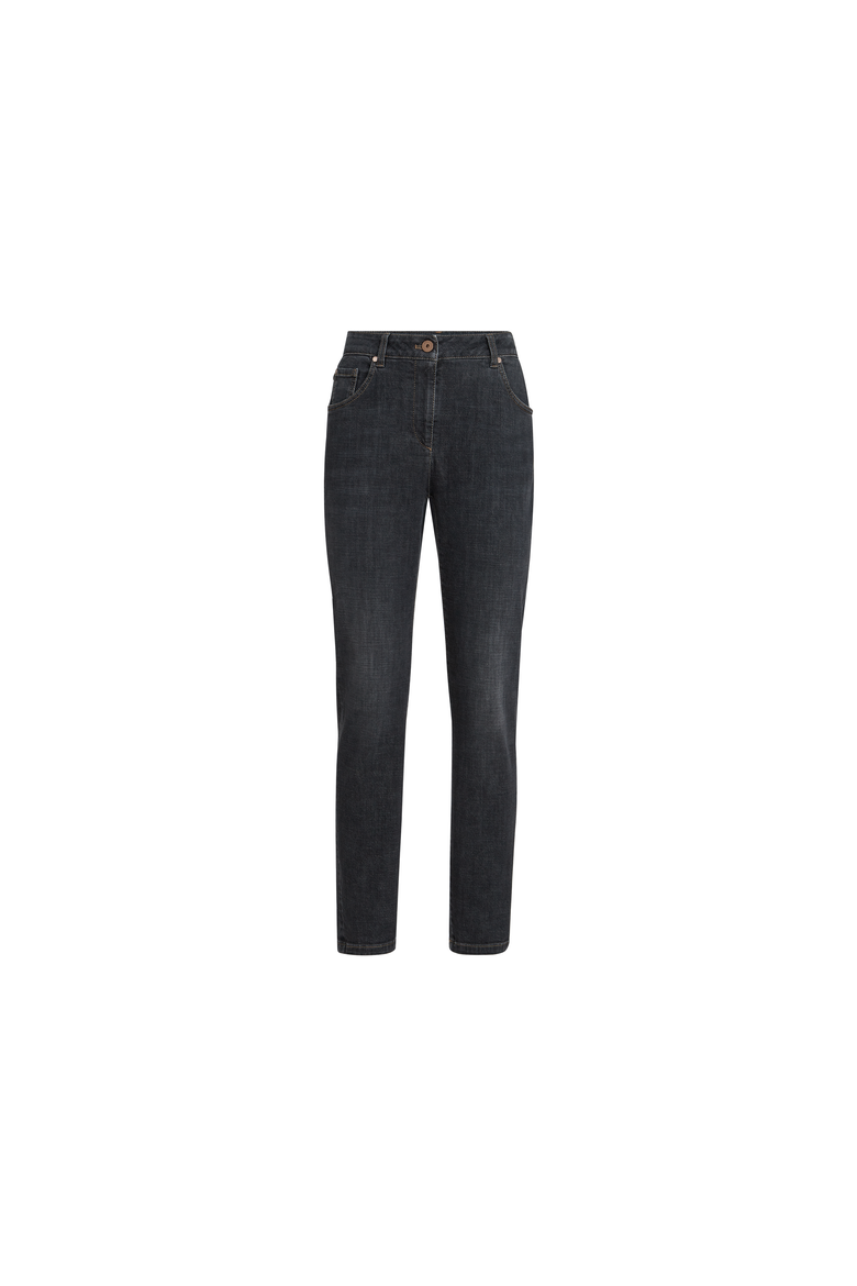 Stretch denim slim five-pocket trousers with shiny leather tab, Alternate, color, Dark Grey