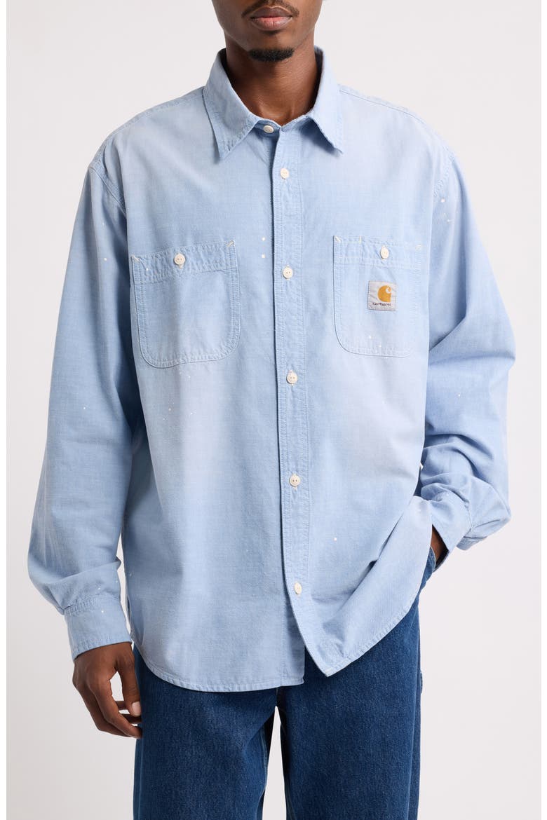 Painter Cotton Chambray Button-Up Shirt, Main, color, BLUE (WORN USED, SPLATTER)