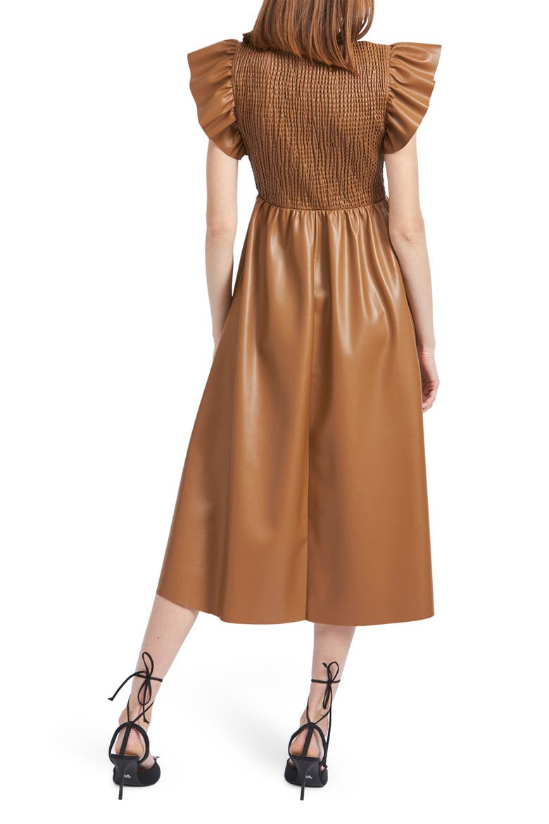 Rylee Smocked Faux Leather Midi Dress, Alternate, color, BROWN