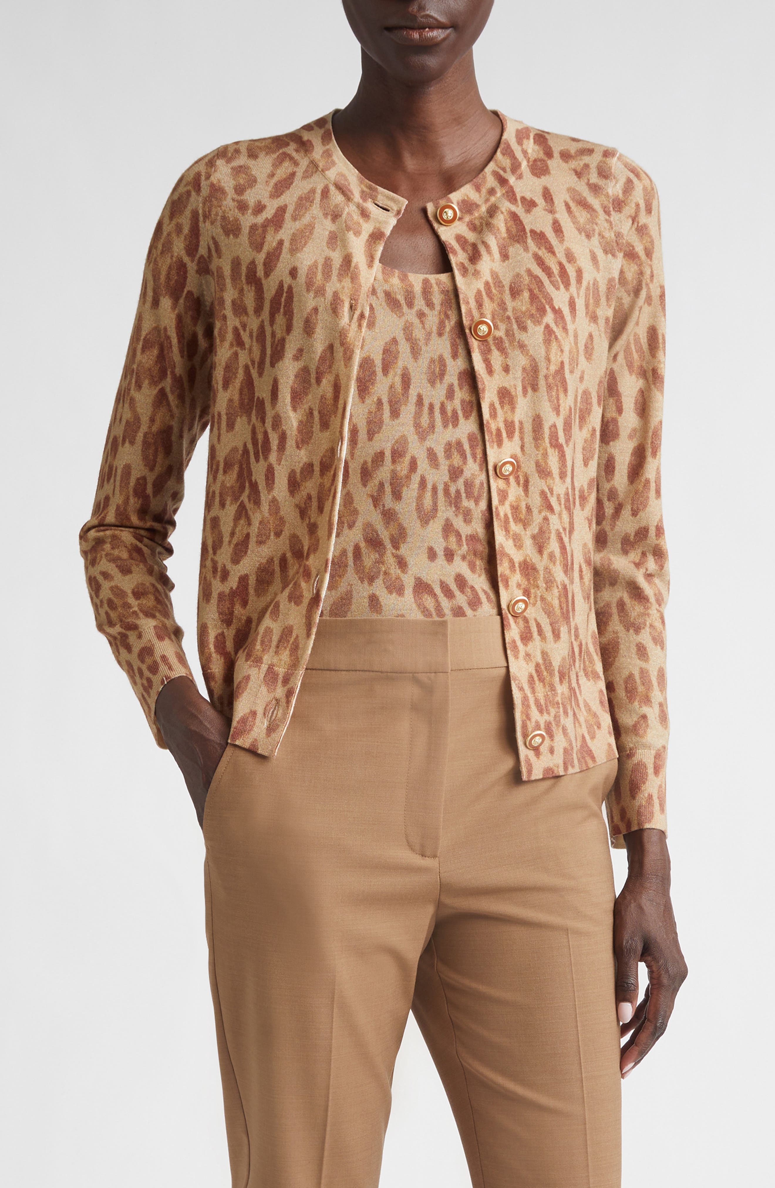 St John St. John Fine Gauge Leopard Print Wool Blend Cardigan In Rust Multi Animal Print
