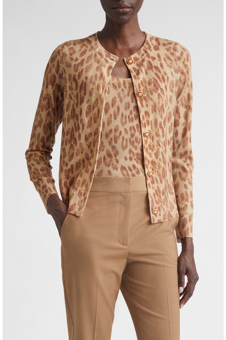 Fine Gauge Leopard Print Wool Blend Cardigan, Main, color, RUST MULTI ANIMAL PRINT