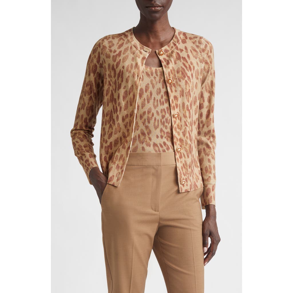 St John St. John Fine Gauge Leopard Print Wool Blend Cardigan In Rust Multi Animal Print