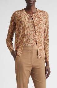 ST. JOHN Fine Gauge Leopard Print Wool Blend Cardigan