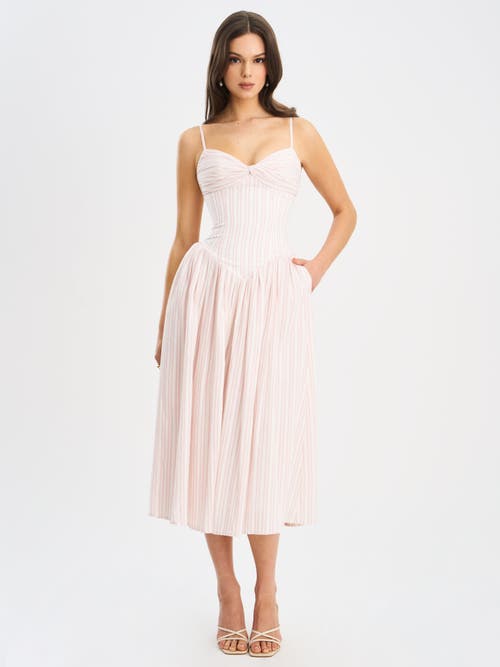 Miss Circle Women Zania Pink Stripe Ruched Breast Cotton Jacquard Midi Dress
