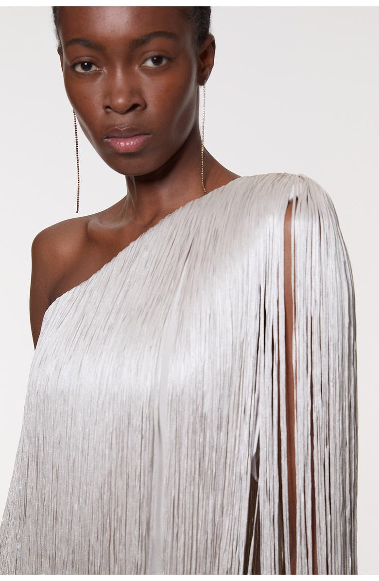 Karen Millen Fringe Mini Knit Dress, Alternate, color, Silver