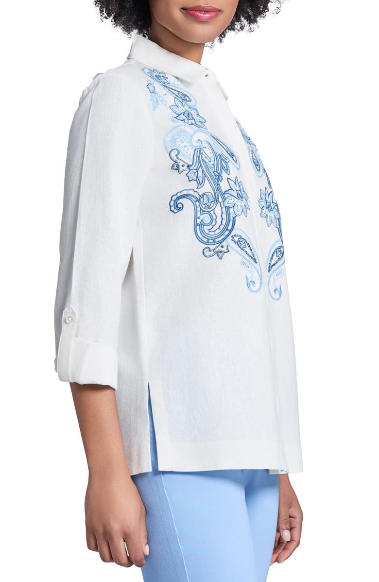 Jones New York Paisley Embroidered Linen Blend Button-Up Shirt, Alternate, color, 