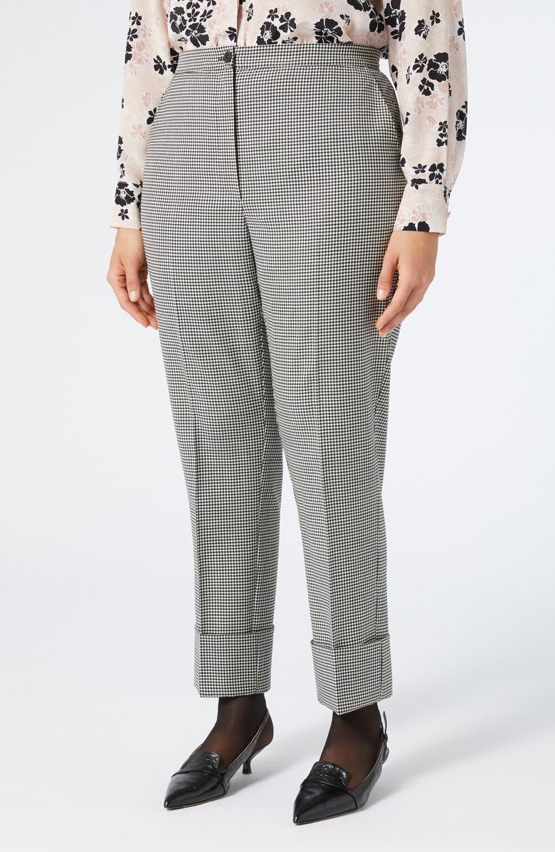Marina Rinaldi Houndstooth Stretch Virgin Wool Cuff Pants, Main, color, Black/ White