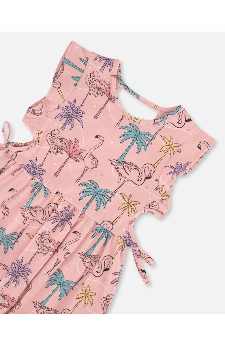 Deux par Deux Girl's Printed Organic Cotton Dress With Cut Outs Palm Trees, Pink Flamingo, And Turquoise, Alternate, color, 