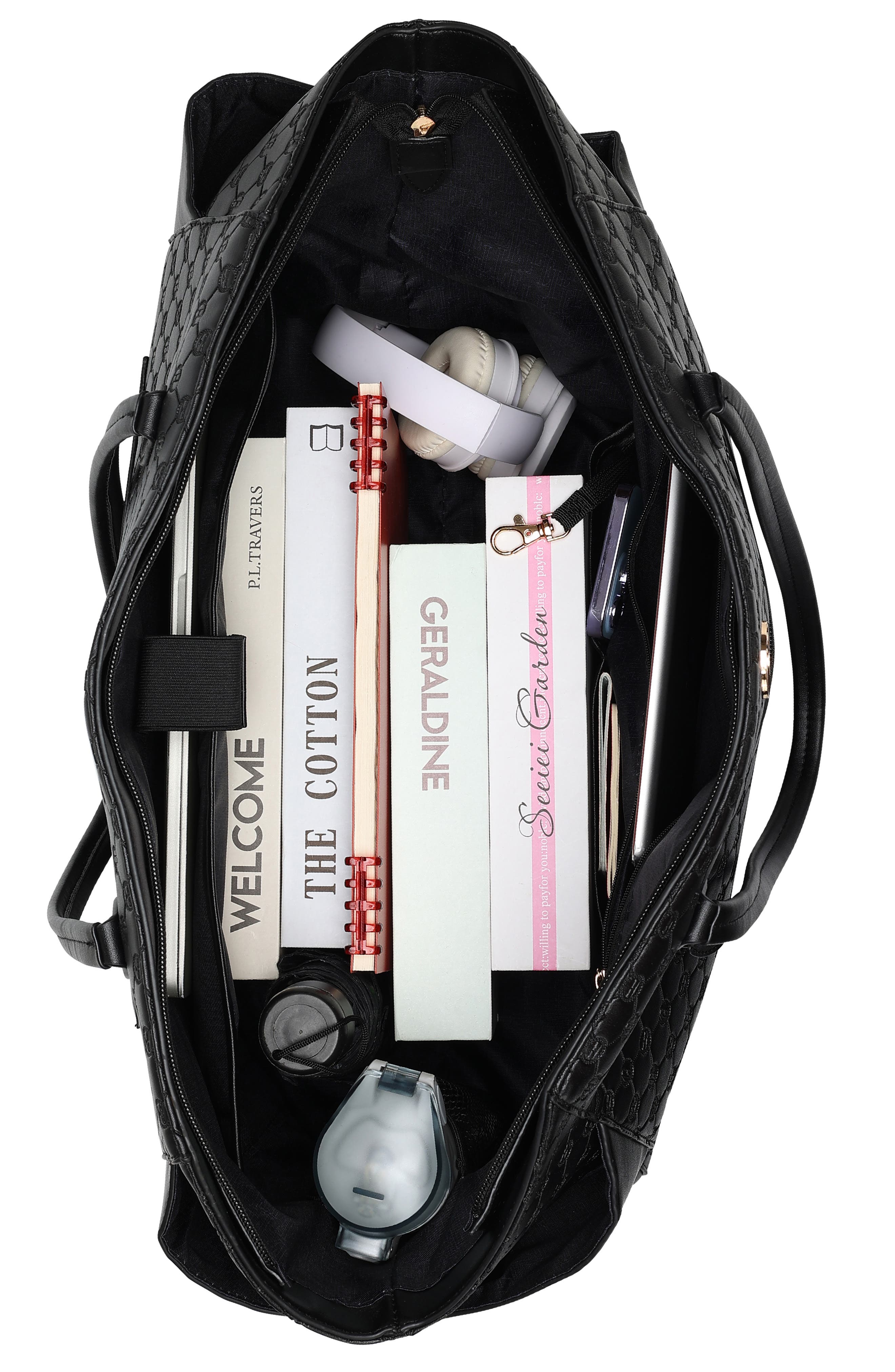 ELLE Compass 32L Vegan Leather Monogram Weekender Duffel Bag, Alternate, color, Black