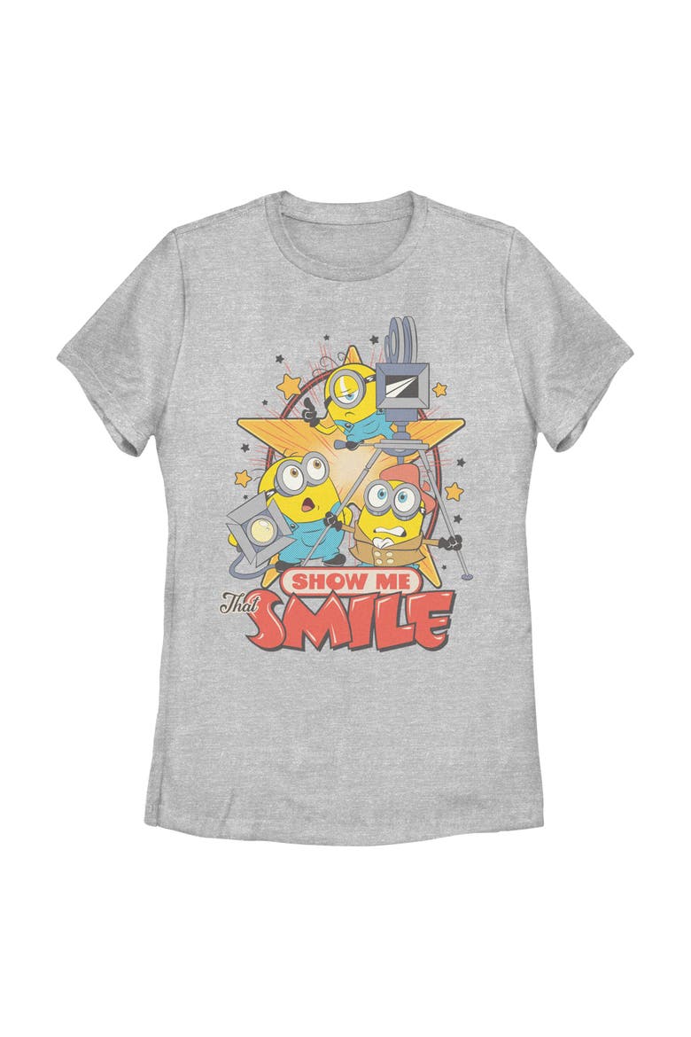 Juniors Minions & Monsters Show Me That Smile T Shirt, Main, color, Athletic Heather