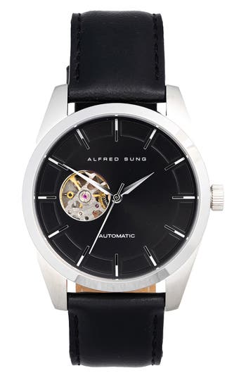 Alfred Sung Automatic I Quartz Leather Strap Watch, 42mm In Black Strap Black Dial