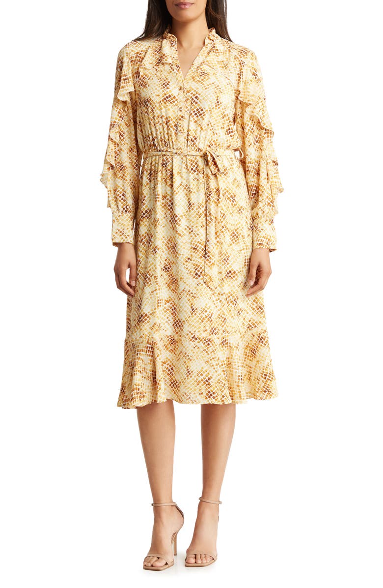T Tahari Snake Print Ruffle Long Sleeve Dress, Main, color,