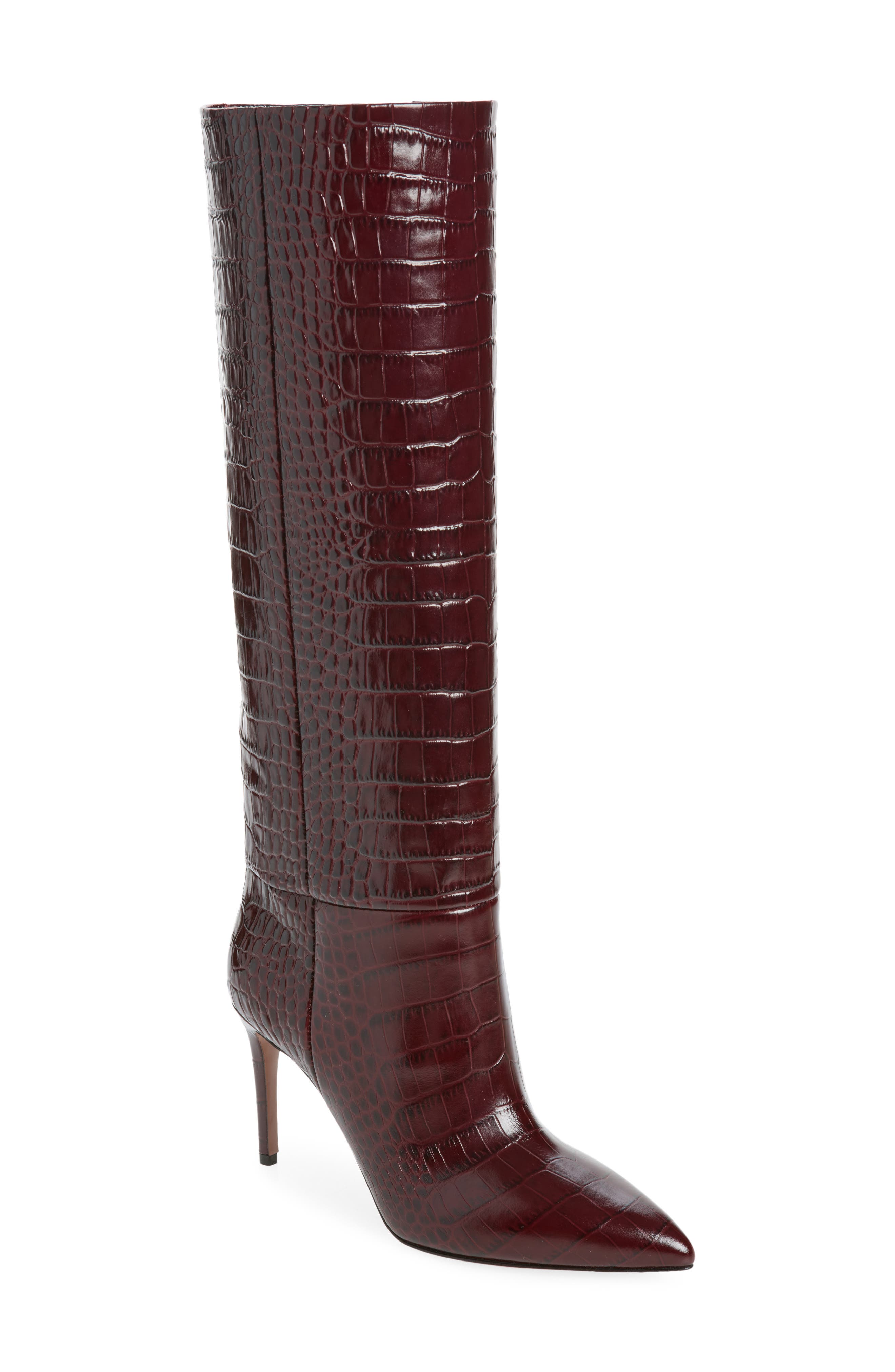 Stiletto Croc Embossed Leather Knee High Boot, Main, color, ROUGE NOIR