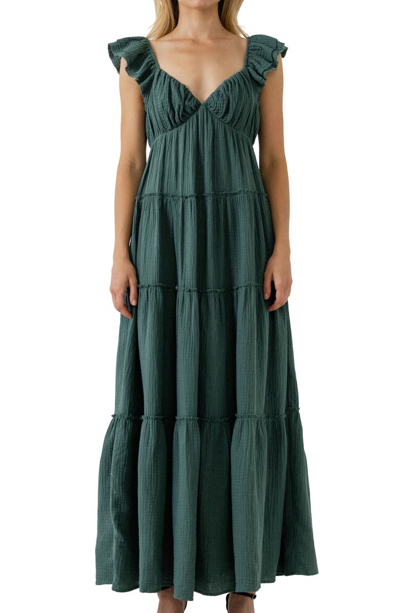 Free the Roses Sweetheart Neck Cotton Gauze Tiered Maxi Dress, Alternate, color, Green