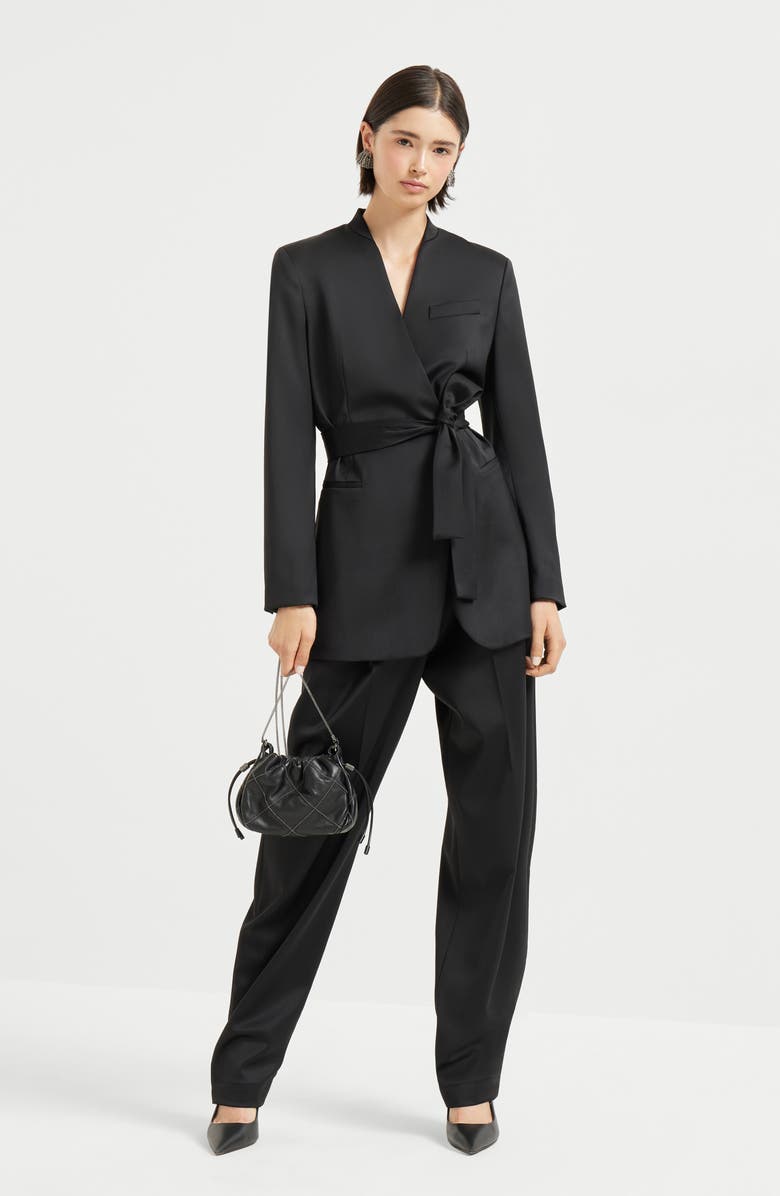 Brunello Cucinelli Satin belted blazer with monili, Alternate, color, Black