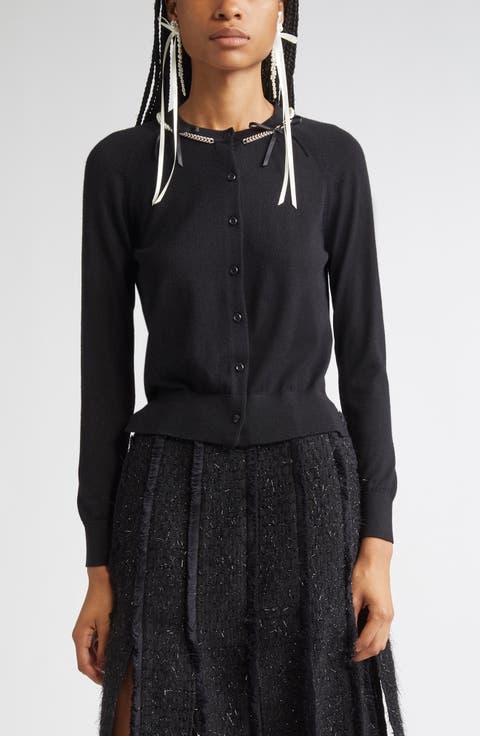 Classic Long Sleeve Merino Wool & Silk Cardigan with Faux Pearl Detail