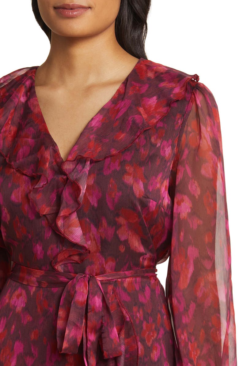 Sam Edelman Floral Ruffle Long Sleeve Chiffon Dress, Alternate, color, Ruby Multi