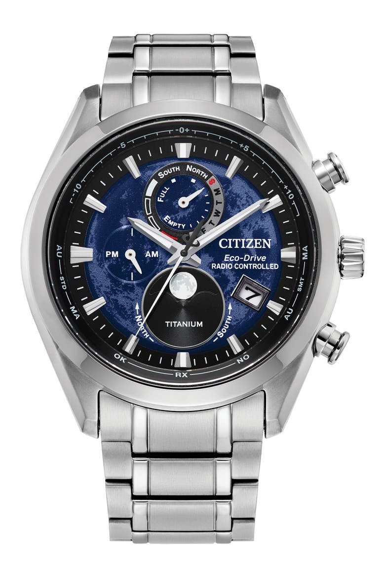 Tsuki-yomi Atomic Timekeeping Super Titanium™ Bracelet Watch, 43mm, Main, color, SILVER-TONE BLUE