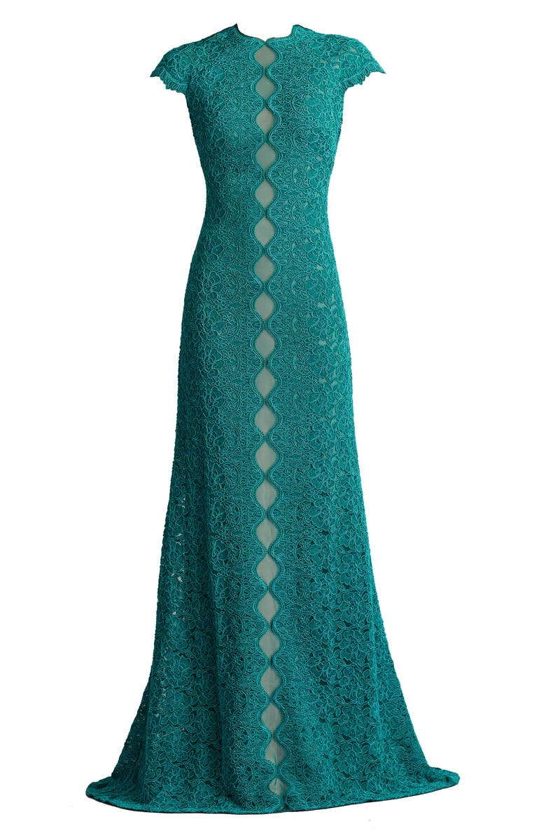 Tadashi Shoji Corded Lace Cap Sleeve Cotton Blend Gown, Alternate, color, Caribbean