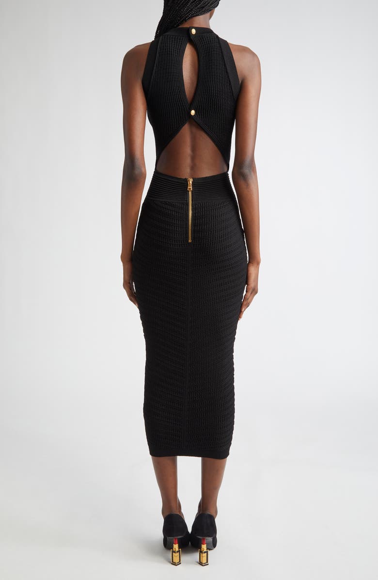 Balmain MIxed Stitch Sleeveless Body-Con Midi Dress, Alternate, color, Black