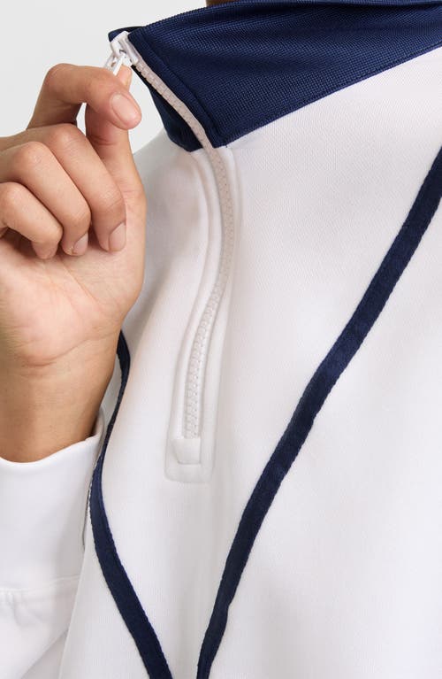 Champion Yearbook Quarter Zip Fleece Sweatshirt In White/sail Away Navy