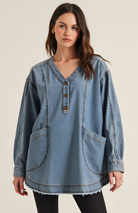 Woven Denim Blouse with V-Neck Placket and Patch Pockets