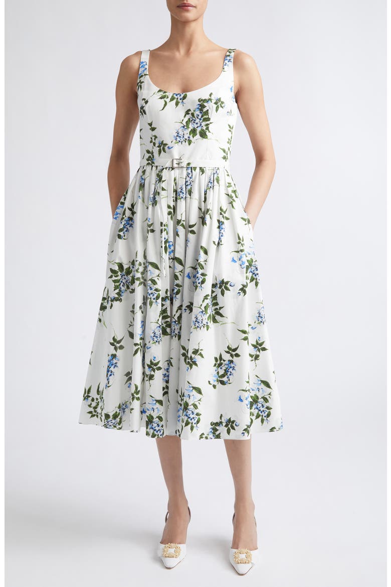Eglantine Belted Midi Dress, Main, color, WHITE-LILAC LILLIES/ CHERRY