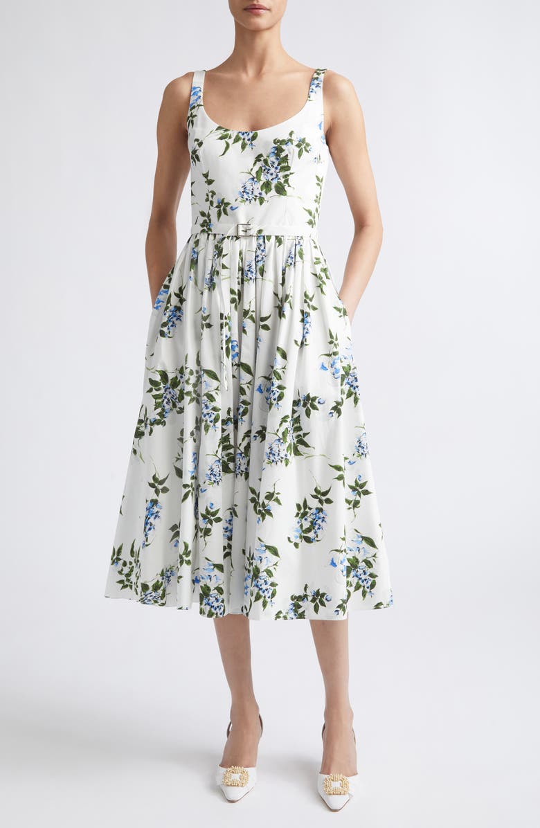 Emilia Wickstead Eglantine Belted Midi Dress, Main, color, White-Lilac Lillies/ Cherry