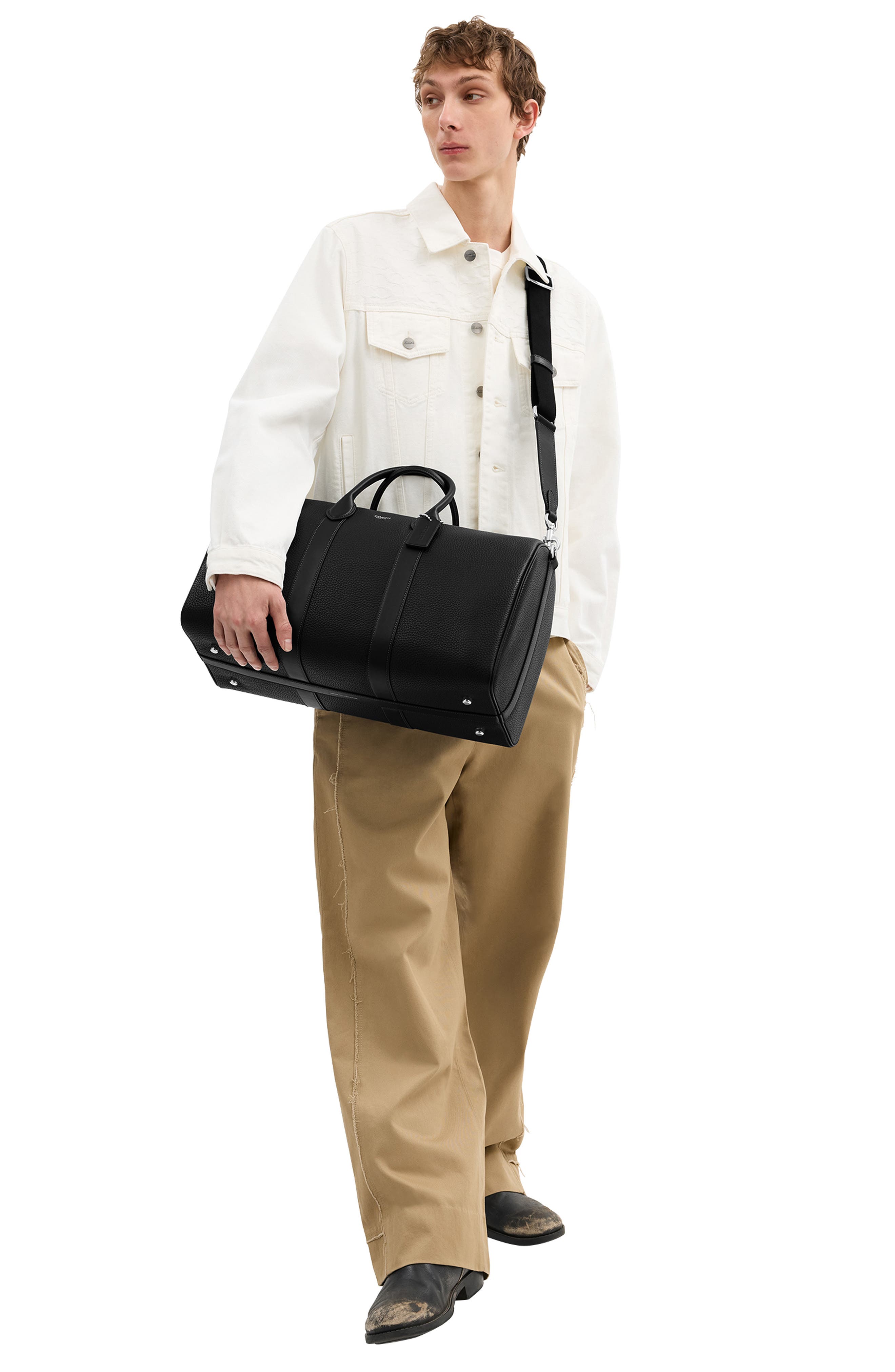 COACH Compass 45 Leather Duffle Bag, Alternate, color, Black