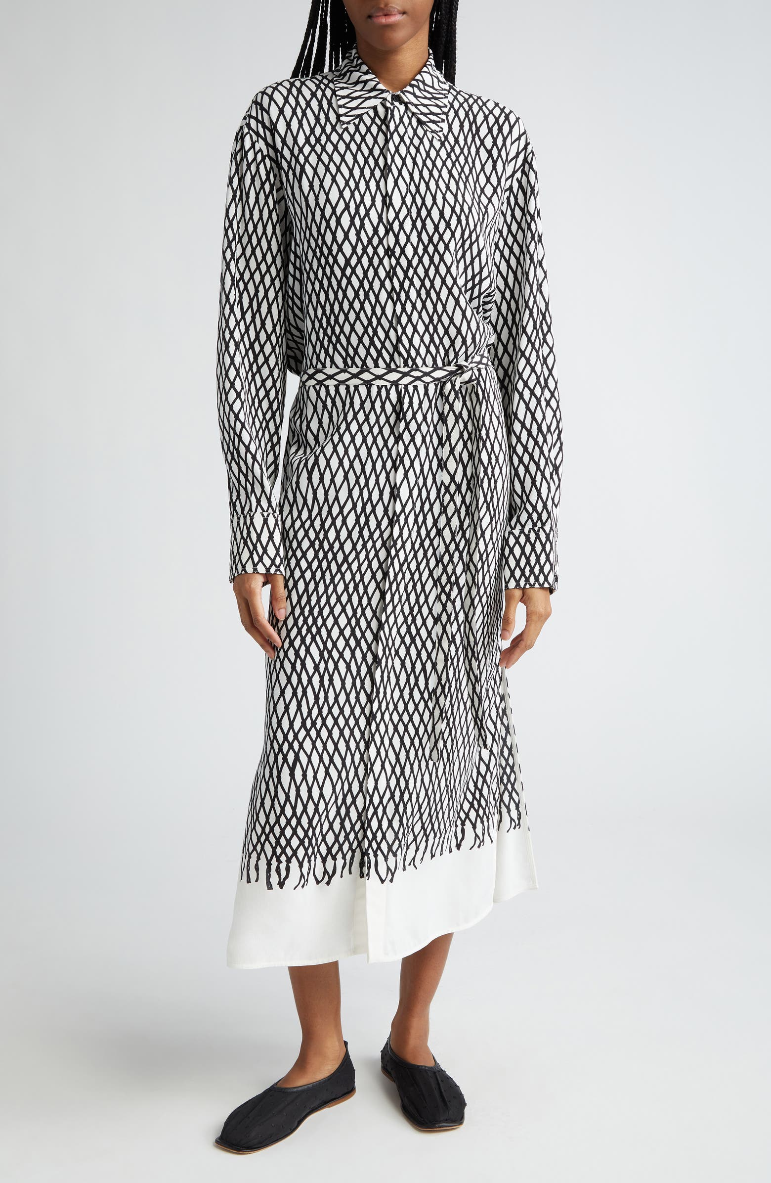 Proenza Schouler Bailey Net Print Long Sleeve Crepe Midi Shirtdress
