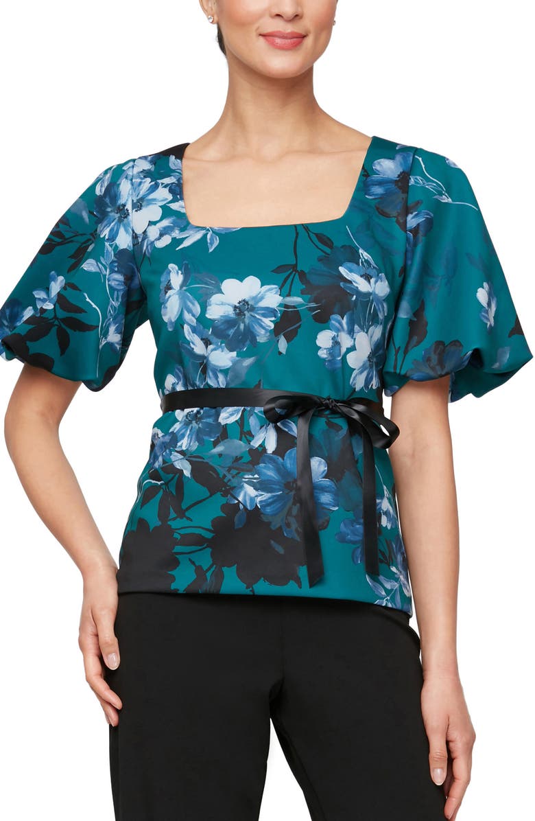 Alex Evenings Floral Puff Sleeve Square Neck Top, Main, color, Teal Multi