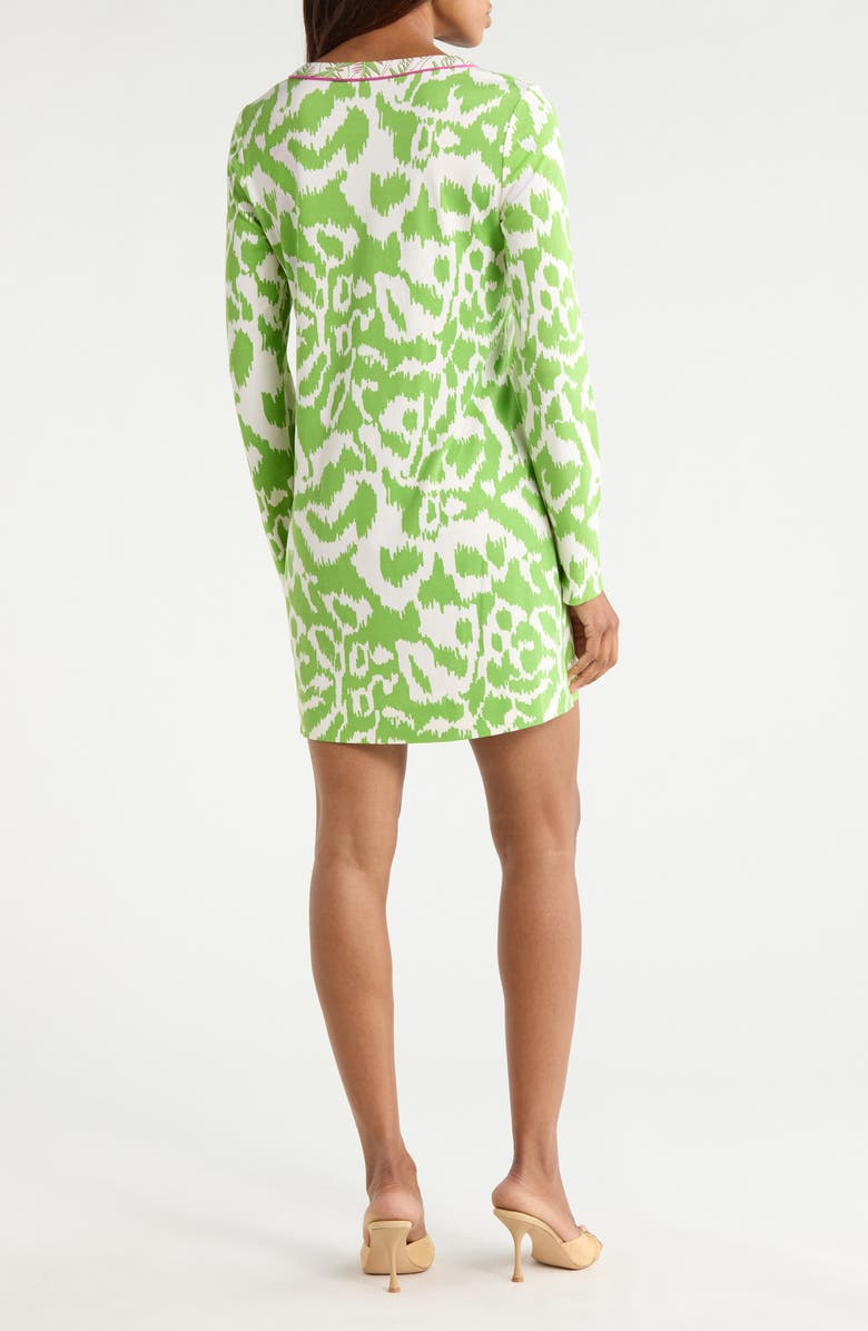DVF Reina Long Sleeve Silk Shift Dress, Alternate, color, Kupang Green / Palm Geo Green