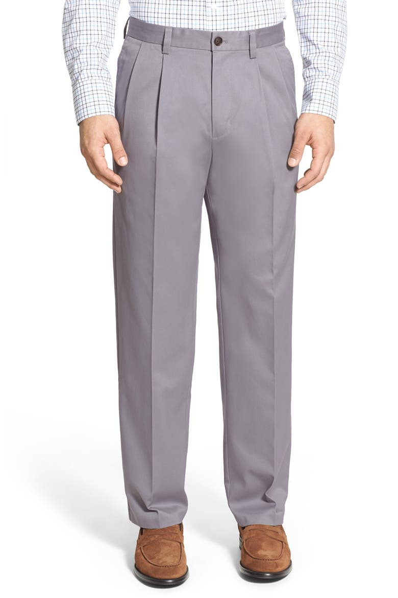 'Classic' Smartcare™ Relaxed Fit Double Pleated Cotton Pants, Main, color, GREY FILIGREE