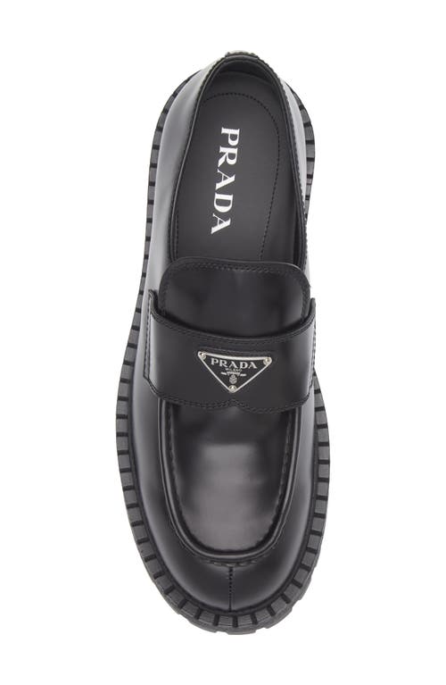 Prada Polished Black Leather Loafers With Chunky Rubber Sole In Black