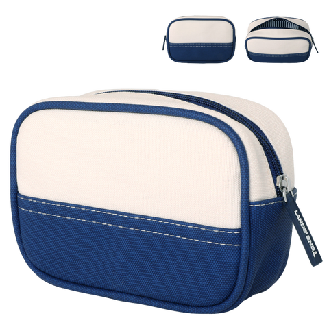 Medium Rectangular Dopp Kit for Travel, Striped Canvas Toiletry Bag with Top Zip (Navy)