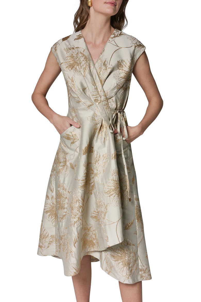 Metallic Jacquard Midi Wrap Dress, Alternate, color, TURIN/ TUSCAN GREY