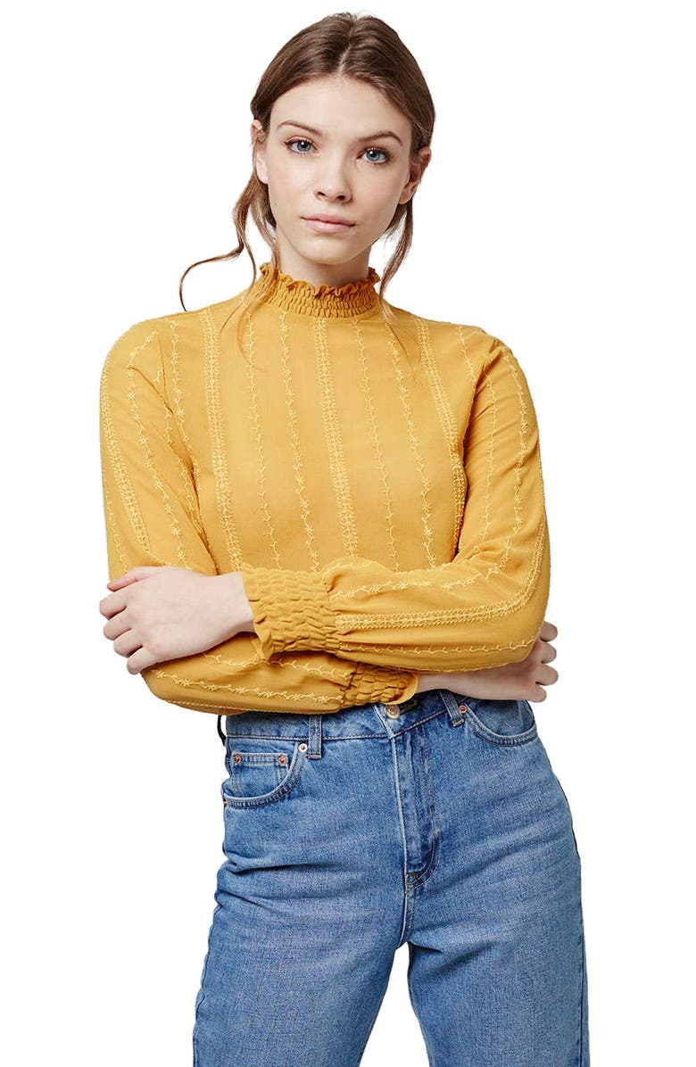 Topshop Smocked Trim Long Sleeve Top, Alternate, color, Mustard