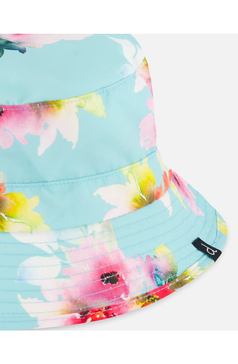 Deux par Deux Little Girl's Printed Beach Sun Hat Turquoise And Pink Flowers, Alternate, color, 