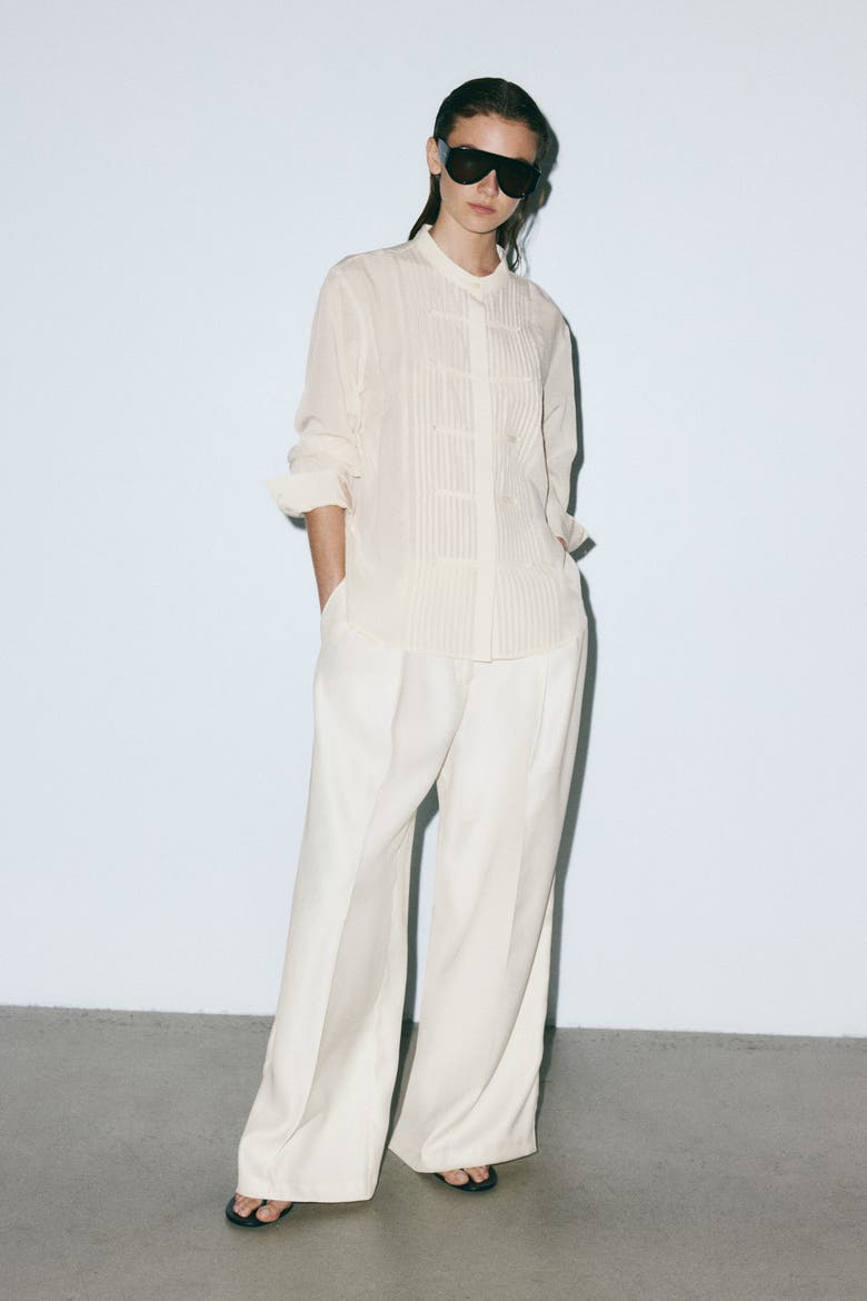 Button-front Pintuck Blouse, Alternate, color, Light beige