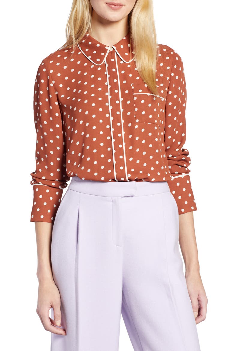 x Atlantic-Pacific Hidden Placket Blouse, Main, color, RUST SPACED DOT