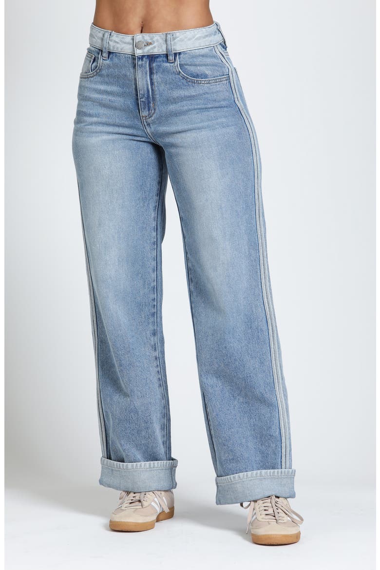 Track Stripe High Waist Straight Leg Jeans, Main, color, FROSTED INDIGO